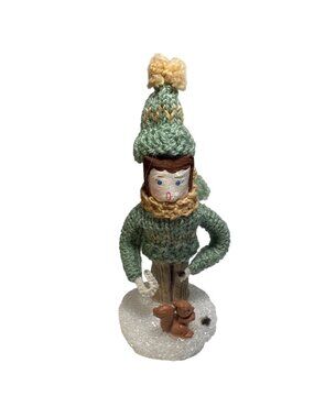 Handcrafted Winter Boy Figurine With Knit Hat Sweater & Squirrel Scene 5" Tall
